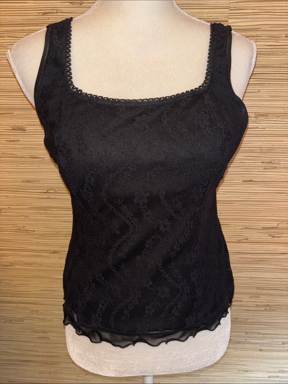New Directions Black Lace Trim Square-Neck Tank Top Women large petite b-i bra L